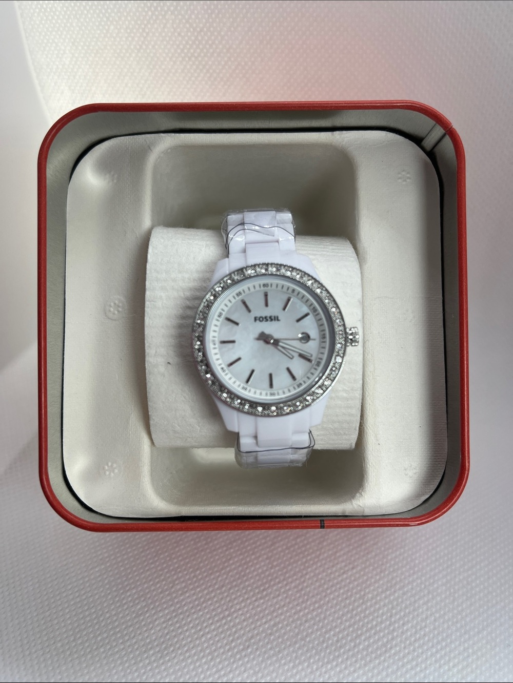 Fossil White and Silver Ceramic Crystal-Trim Watch